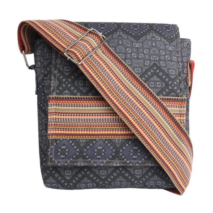 Indha Sling Bag | Handcrafted Sling Bag | Grey Cotton Canvas Sling Bag| Mild Blue Ethnic Geometric Pattern Design | Multicolor Cotton Niwar Strap |
