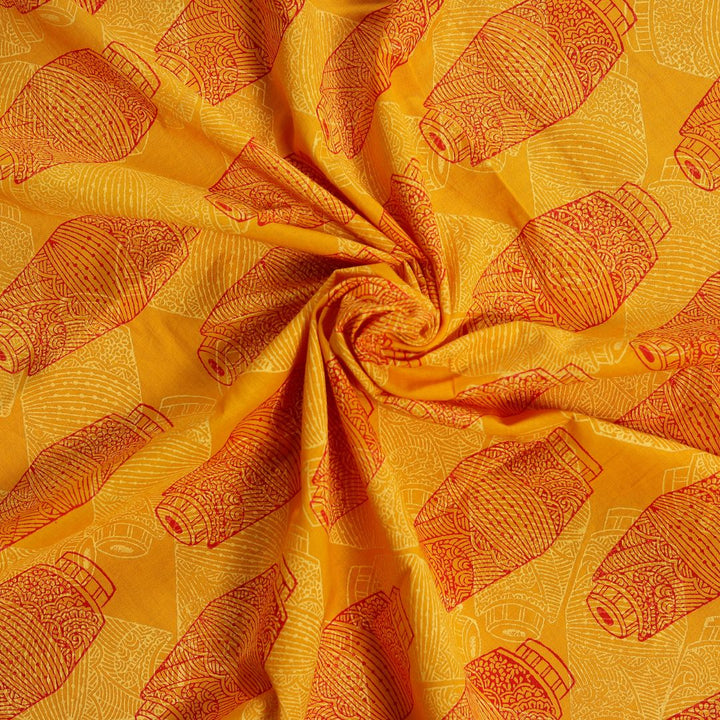 INDHA Yellow Fabric with Red and White Mridang Block Printed