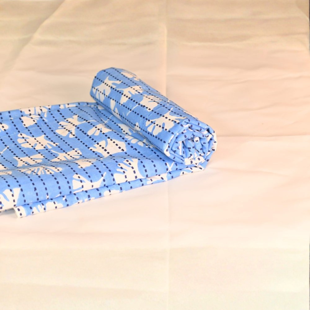 INDHA Hand Block-Printed Cotton Fabric | White Flower Design Motif Blue Cotton Fabric | Hand Block Printed Fabric | Home Utility | Fashion Utility | Gifting | Gifts For Him | Gifts For Her | Home Furnishing | Jaipuri Block Print Fabric