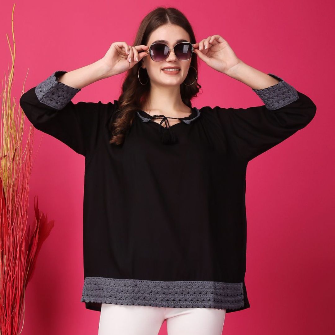 Indha Black Top With Tie-Up Neckline | Women's Black Top | Round Neck Rayon Top | Three Quarter Sleeves Top -XL