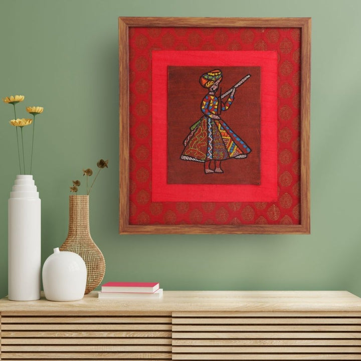 INDHA Wall Décor|Rajasthani Folk |Hand Embroidered|Silk Brocade and Wooden Frame