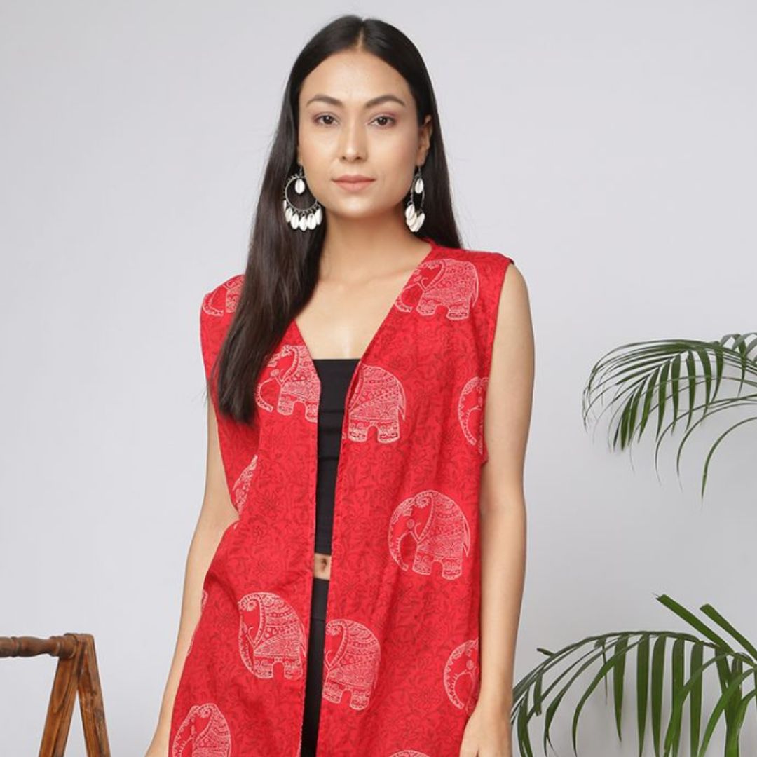 Indha Elephant Design Block Printed Red Shrug