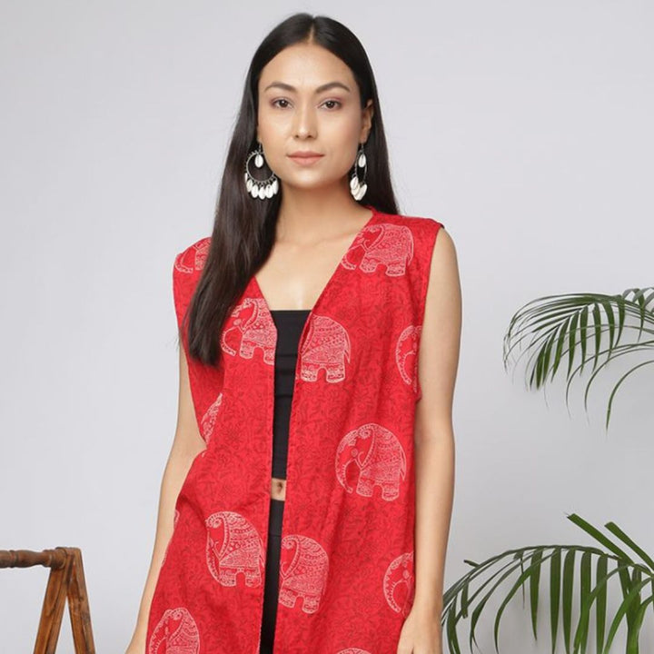Indha Elephant Design Block Printed Red Shrug