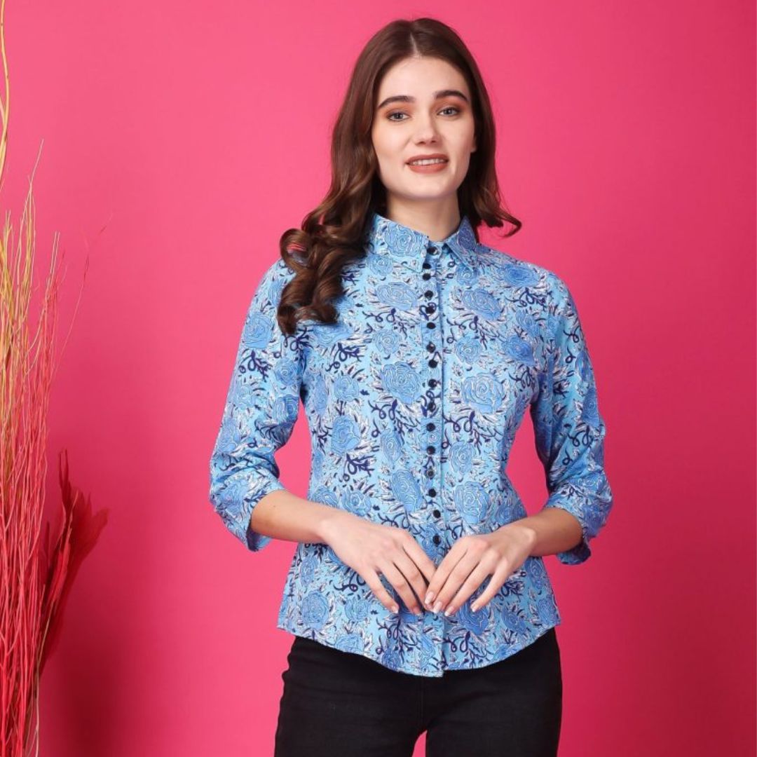 Indha Block Printed Azure Rayon Casual Shirt Collar 3/4th Sleeves Formal Wear Shirt For Women's-XL