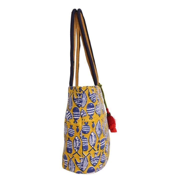Indha Hand Block Printed Cotton Shoulder Bag | Yellow Fish Motif Handbag For women
