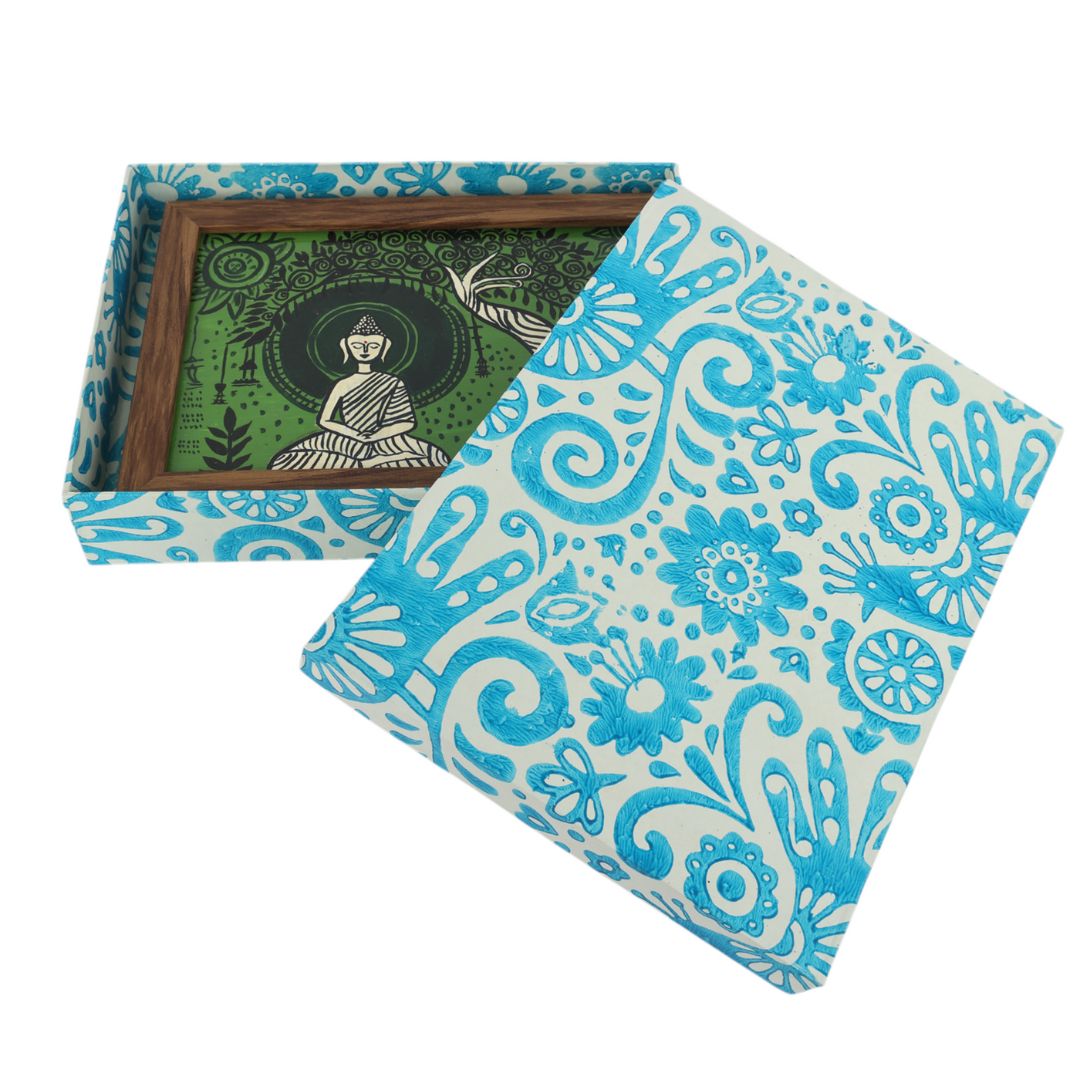 Indha Hand-Painted Buddha Wall Art | Meditating Under Tree | Upcycled Tablet with Reclaimed Wood Frame &amp; Vegan Leather Back | Eco-Friendly Spiritual Decor