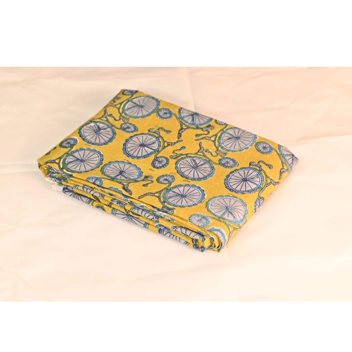INDHA Hand Block-Printed Cotton Fabric | Grey Bicycle Design Motif Yellow Cotton Fabric | Hand Block Printed Fabric | Home Utility | Fashion Utility | Gifting | Gifts For Him | Gifts For Her | Home Furnishing | Jaipuri Block Print Fabric