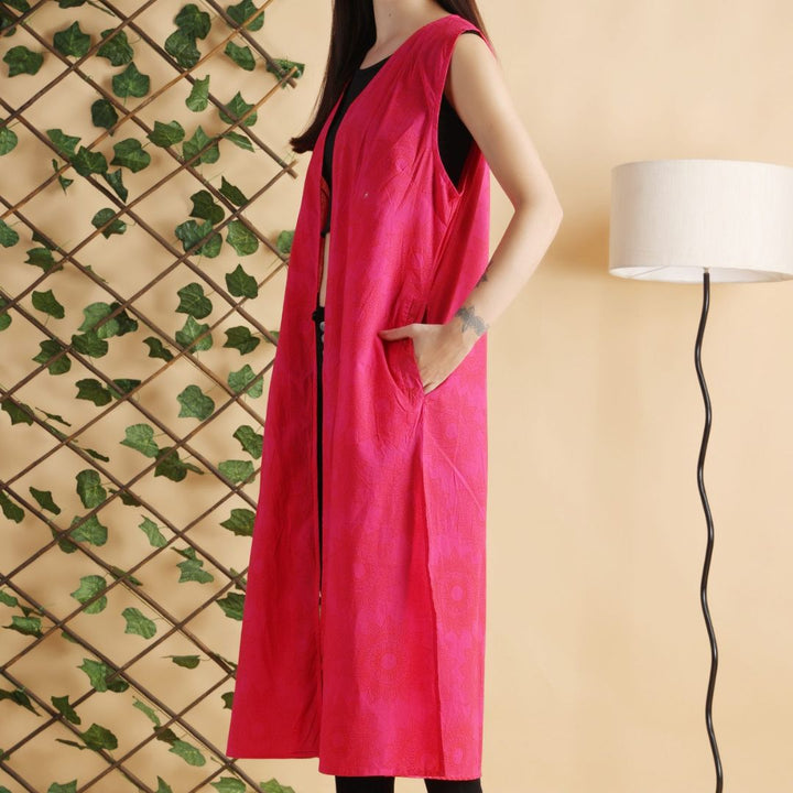 INDHA Rangoli Hand Block Printed Pink Cotton Shrug | Sleeveless Shrug | Long Shrug