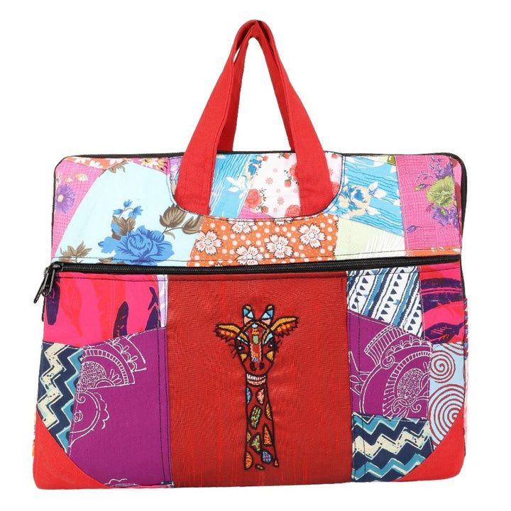 Indha Multicolor Upcycled Cotton Patchwork Laptop Sleeve – Hand Embroidered Motif, Eco-Friendly 11"x14.5" Padded Bag with YKK Zipper