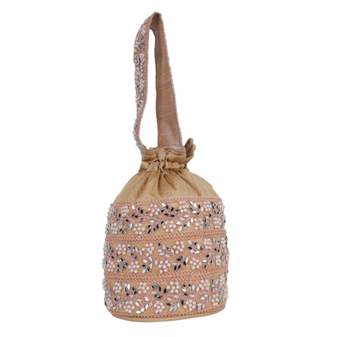 INDHA Handcrafted Potli | Beige Dupion Silk Potli | Chain Stitch Hand Embroidered Floral Design Pattern | Decorative Potli With Beads |