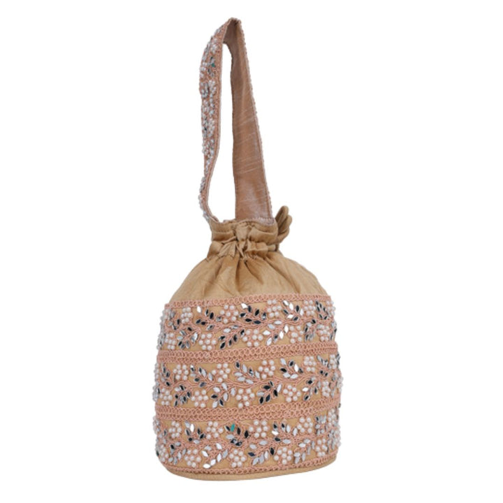 INDHA Handcrafted Potli | Beige Dupion Silk Potli | Chain Stitch Hand Embroidered Floral Design Pattern | Decorative Potli With Beads |