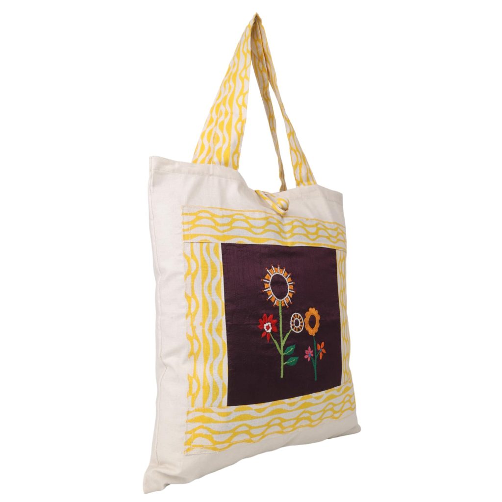 Indha Hand Embroidered Flower Motif Natural Cotton Tote Bag with Block Print Detailing