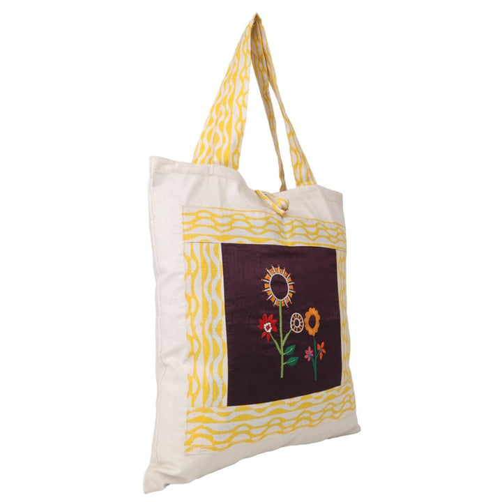 Indha Hand Embroidered Flower Motif Natural Cotton Tote Bag with Block Print Detailing