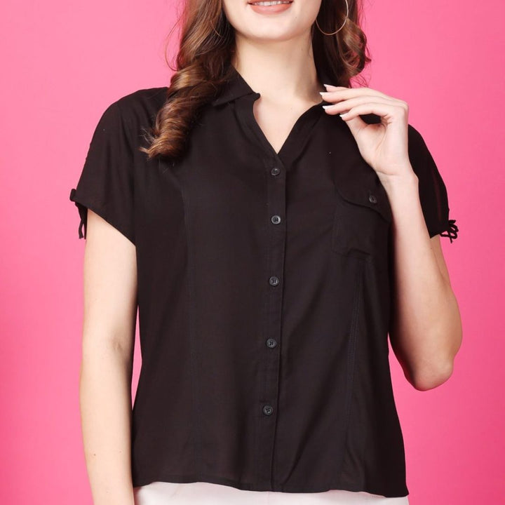 Indha Black Rayon Casual Shirt Collar 1/4th Sleeves Formal Wear Shirt For Women's-XL