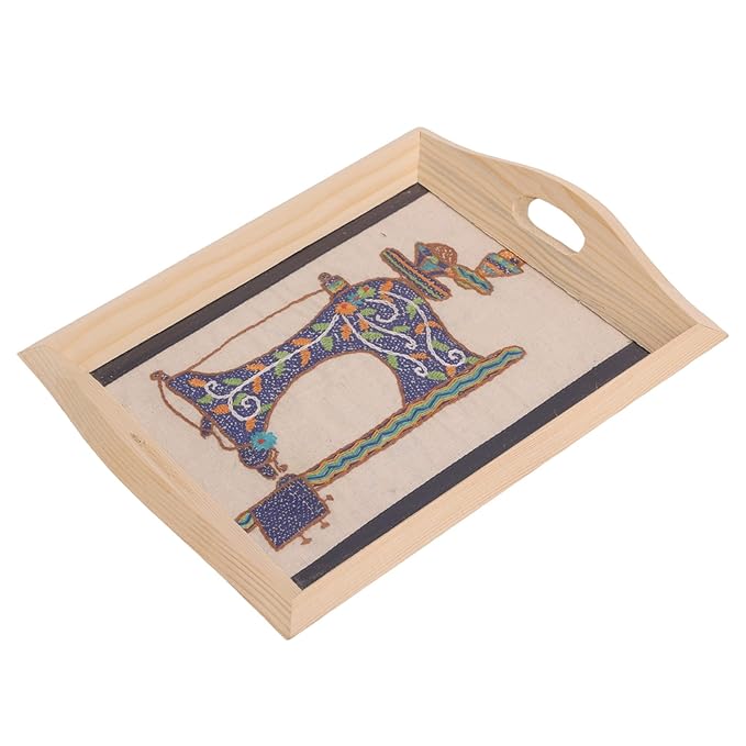 Indha Wooden Tray for Serving- Handcrafted &amp; Hand-Embroidered for Kitchen/Table &amp; Home Decor/Dinning/Gifts/Restaurants/Living Room/Coffee Table 8 Inch Rectangular Tray