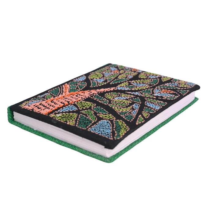 INDHA Handmade Dupion Silk Diary – Hand-Embroidered Tree Design, 5x7 Inches, 100 GSM Eco-Friendly Recycled Plain Paper, Elegant Gift Choice (Black)