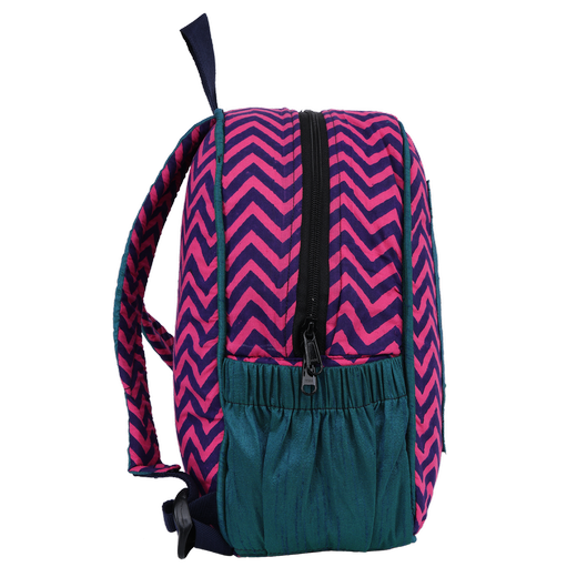 INDHA Kids Backpack Bag | Handcrafted Backpack Bag | Pink Cotton Kids Backpack Bag | Hand Block Printed Zig-Zag Design Pattern | Teal Green Dupion Silk |