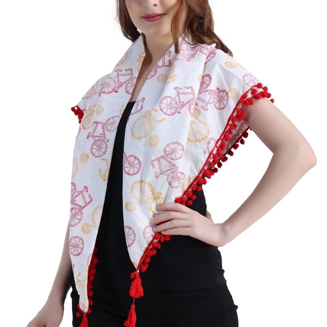 Indha Bicycle Block Printed white Scarf for Girls & Woman