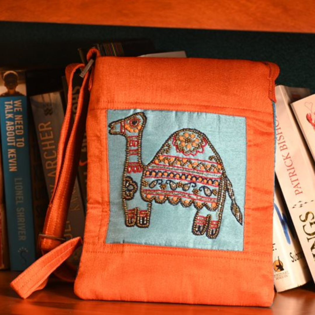 INDHA Camel Design Hand Embroidered Zardozi Work Orange & Sky Blue Sling Bag | Dupion Silk Sling Bag | Hand Crafted Sling Bag | Travel Utility | Cross Body Bag | Gifting | Fashion Bag | Fashion Accessory | Women Sling Bag