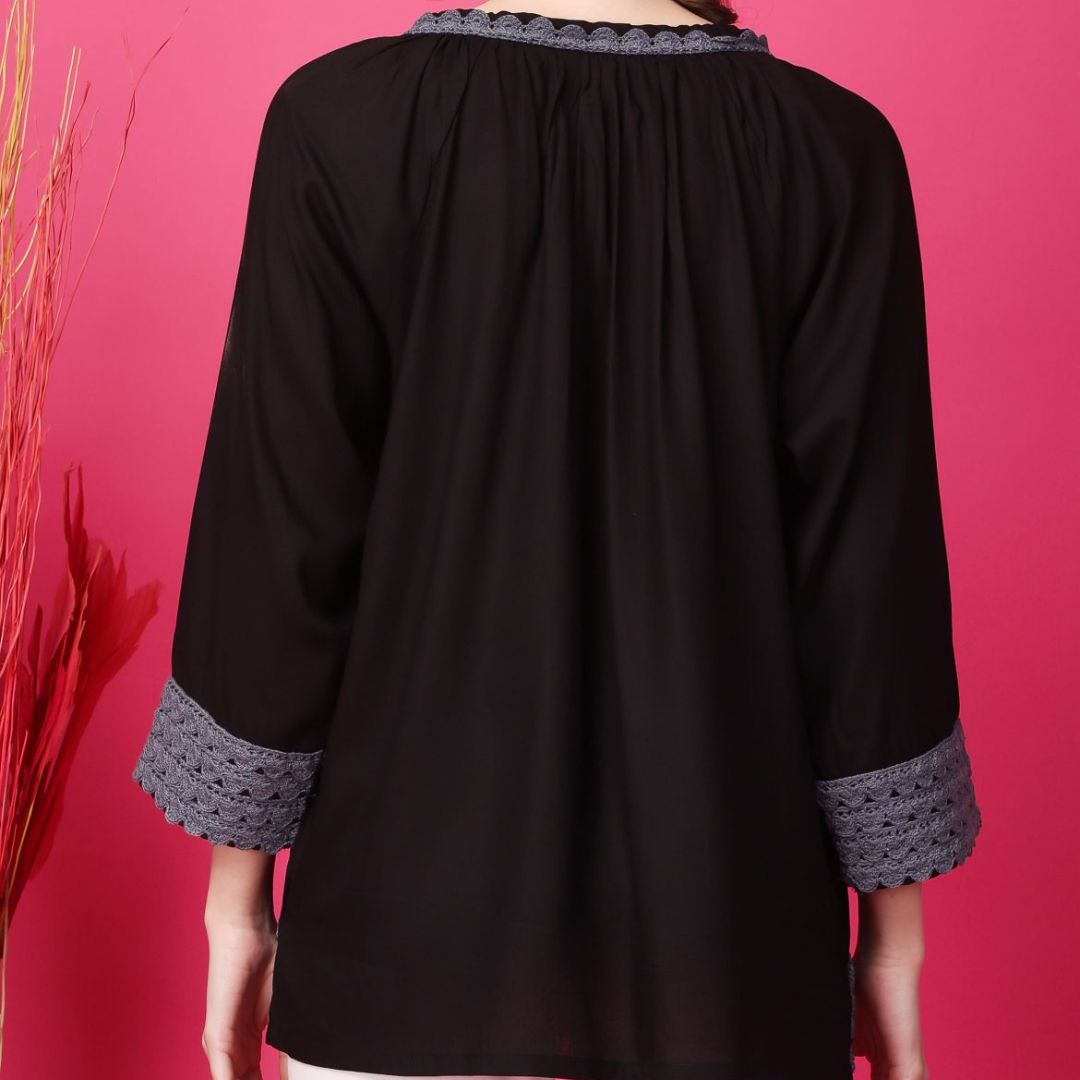 Indha Black Top With Tie-Up Neckline | Women's Black Top | Round Neck Rayon Top | Three Quarter Sleeves Top -XL