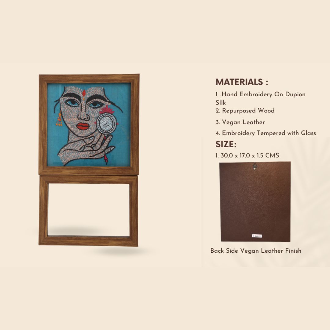 Indha Lady Face Embroidered Wall Art with Mirror | Handcrafted in Repurposed Wood | Exquisite Needlework | Sustainable Home Accent | Unique Gift for Her