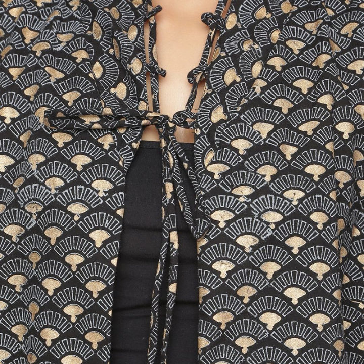 Ethnic A-Line Cotton Shrug |Women| Black |Gold  Booti Block printed Shrug