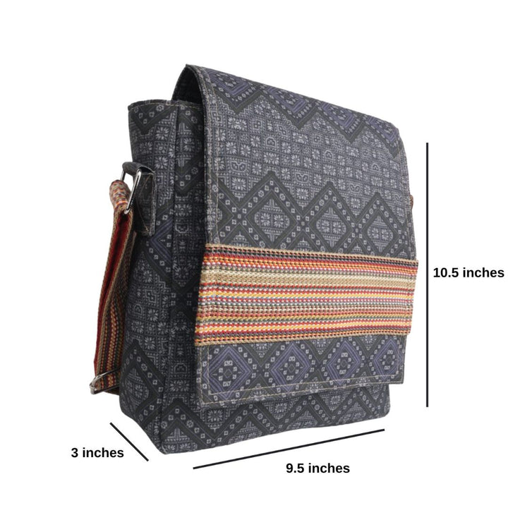 Indha Sling Bag | Handcrafted Sling Bag | Grey Cotton Canvas Sling Bag| Mild Blue Ethnic Geometric Pattern Design | Multicolor Cotton Niwar Strap |