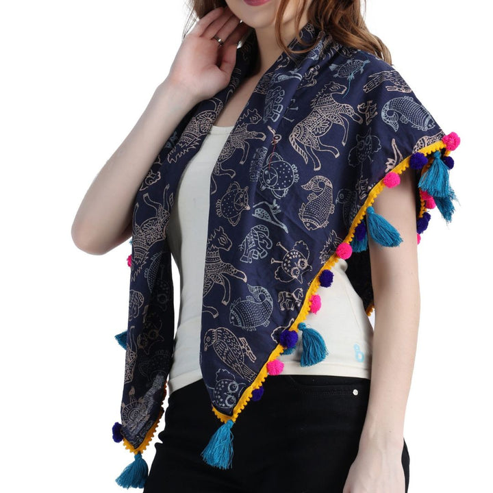 Animal Block Printed  Navy Blue Scarf for Girls & Woman