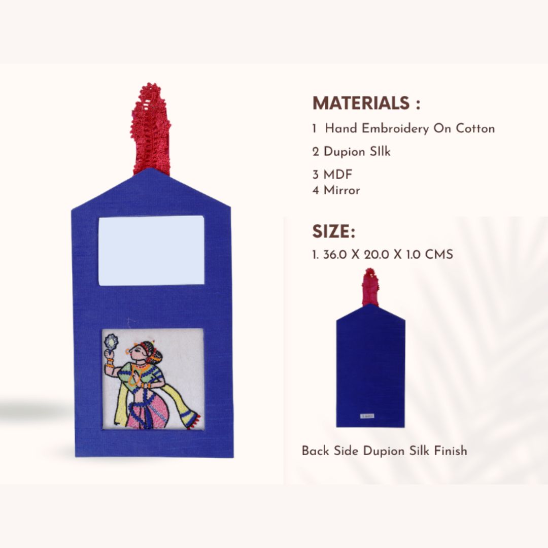 Indha Wall Hanging – Embroidered Lady Holding a Mirror | Real Mirror Accent | Handcrafted on Repurposed Wood | Reflective &amp; Regal Decor