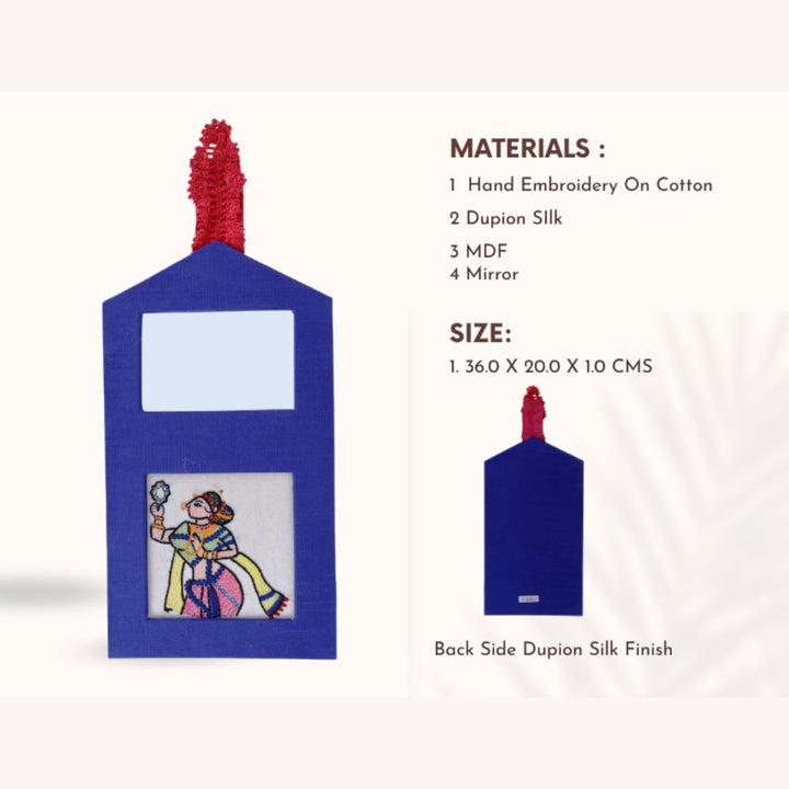 Indha Wall Hanging – Embroidered Lady Holding a Mirror | Real Mirror Accent | Handcrafted on Repurposed Wood | Reflective &amp; Regal Decor