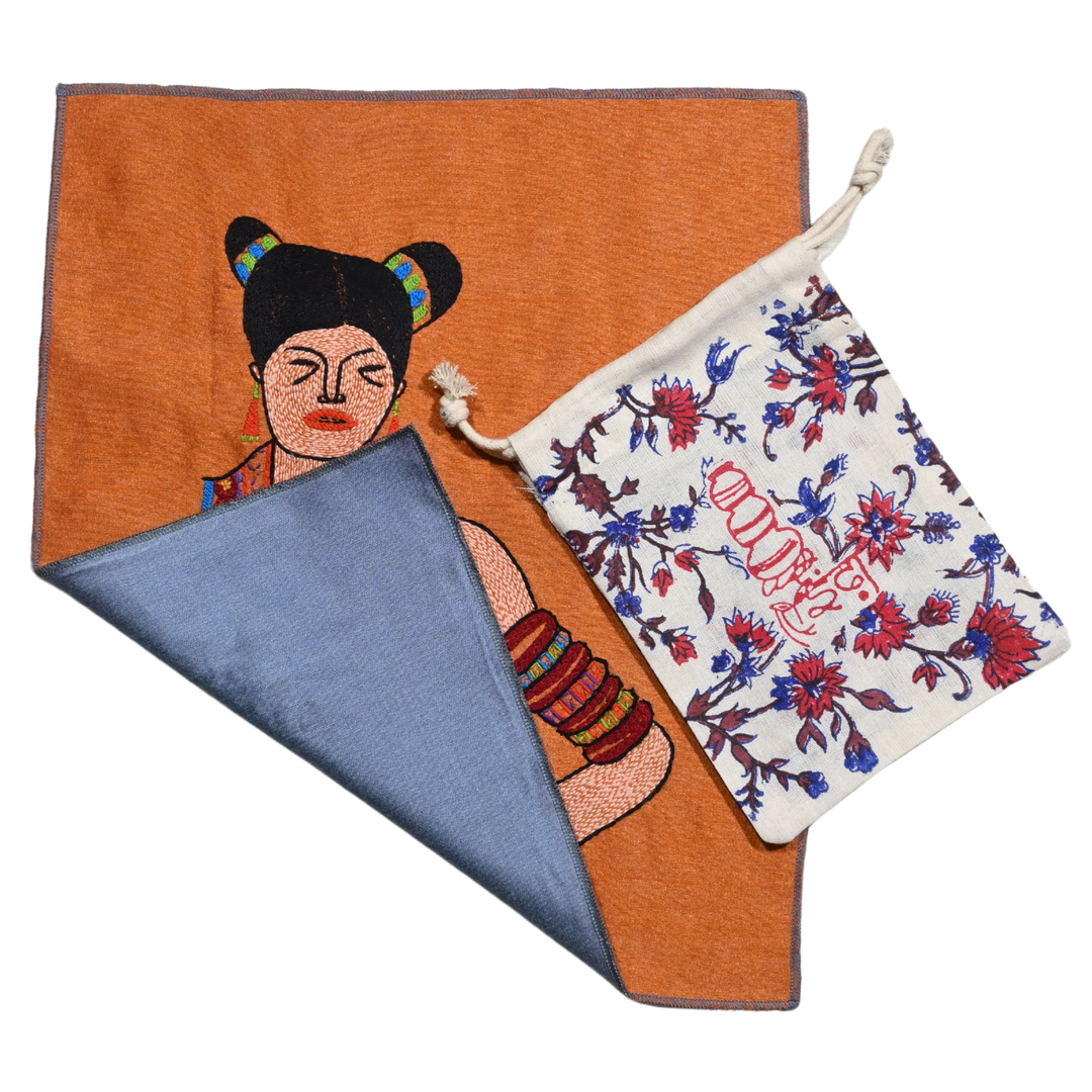 Indha Tribal Girl Hand Embroidery Panel – Bold Folk Motif on Dupion Silk | DIY Decor | Artisan Gift