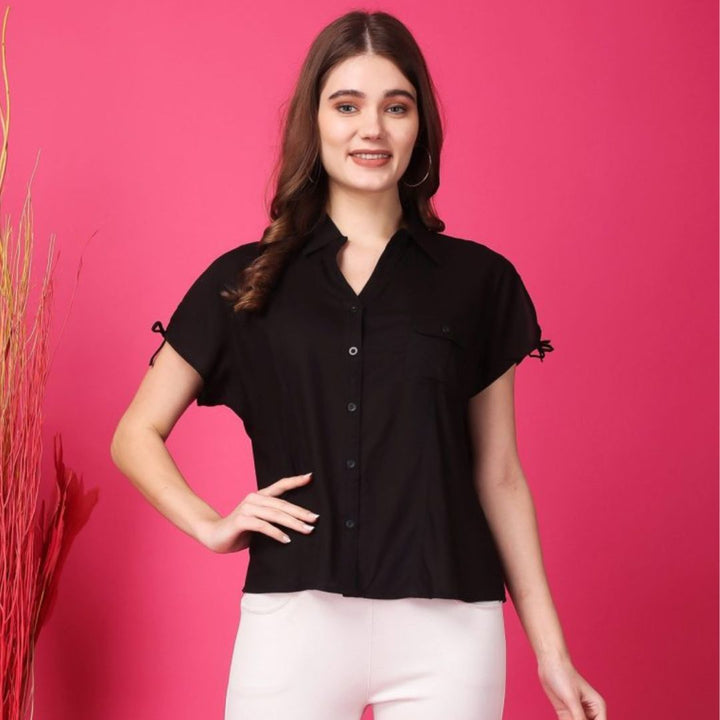 Indha Black Rayon Casual Shirt Collar 1/4th Sleeves Formal Wear Shirt For Women's-XL