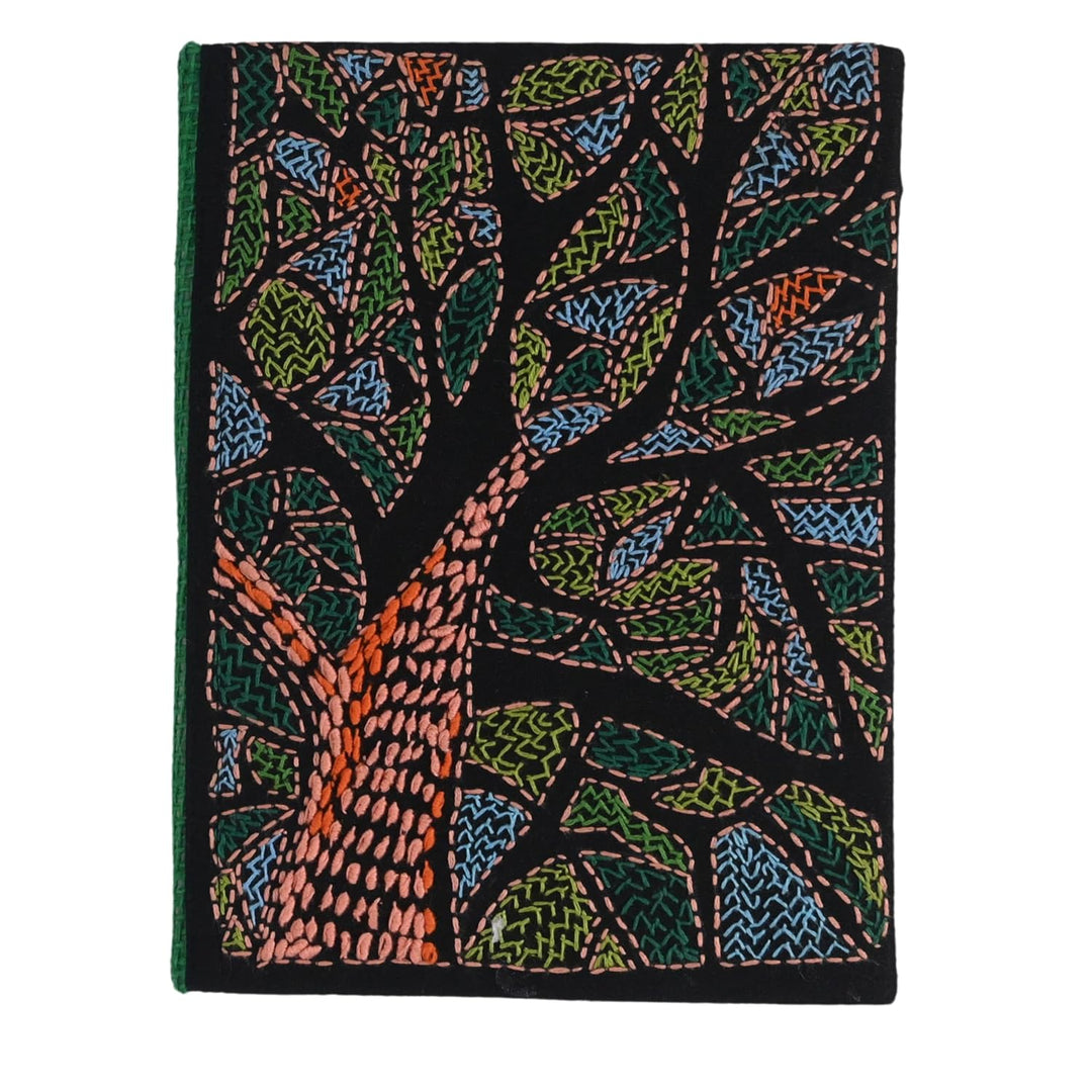 INDHA Handmade Dupion Silk Diary – Hand-Embroidered Tree Design, 5x7 Inches, 100 GSM Eco-Friendly Recycled Plain Paper, Elegant Gift Choice (Black)