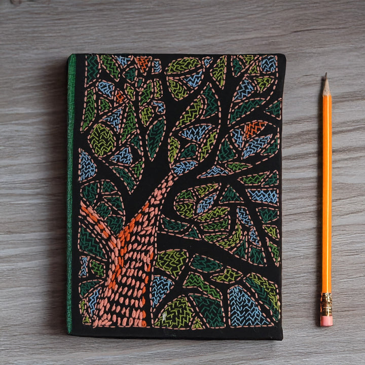 INDHA Handmade Dupion Silk Diary – Hand-Embroidered Tree Design, 5x7 Inches, 100 GSM Eco-Friendly Recycled Plain Paper, Elegant Gift Choice (Black)