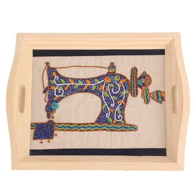 Indha Wooden Tray for Serving- Handcrafted &amp; Hand-Embroidered for Kitchen/Table &amp; Home Decor/Dinning/Gifts/Restaurants/Living Room/Coffee Table 8 Inch Rectangular Tray