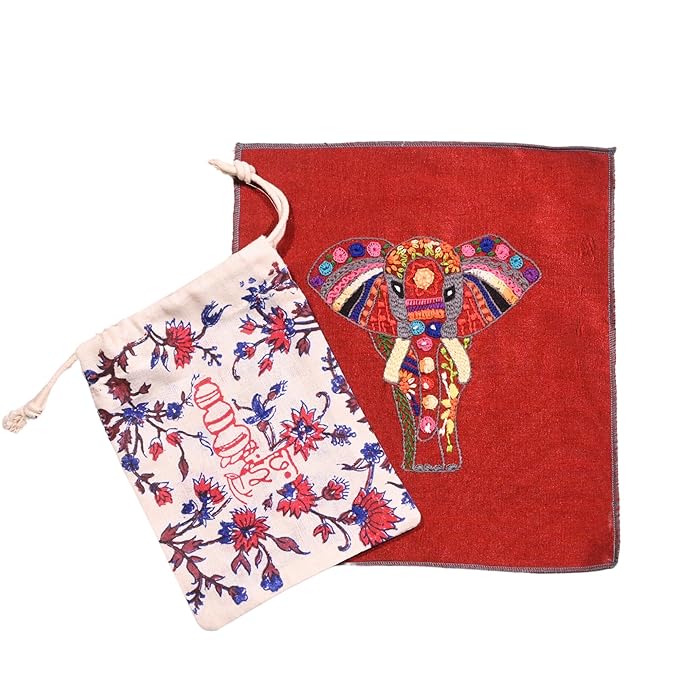 Decorated Royal Elephant Head Hand Embroidery Panel – Festive Motif on Dupion Silk | Cultural Decor | Gift &amp; DIY