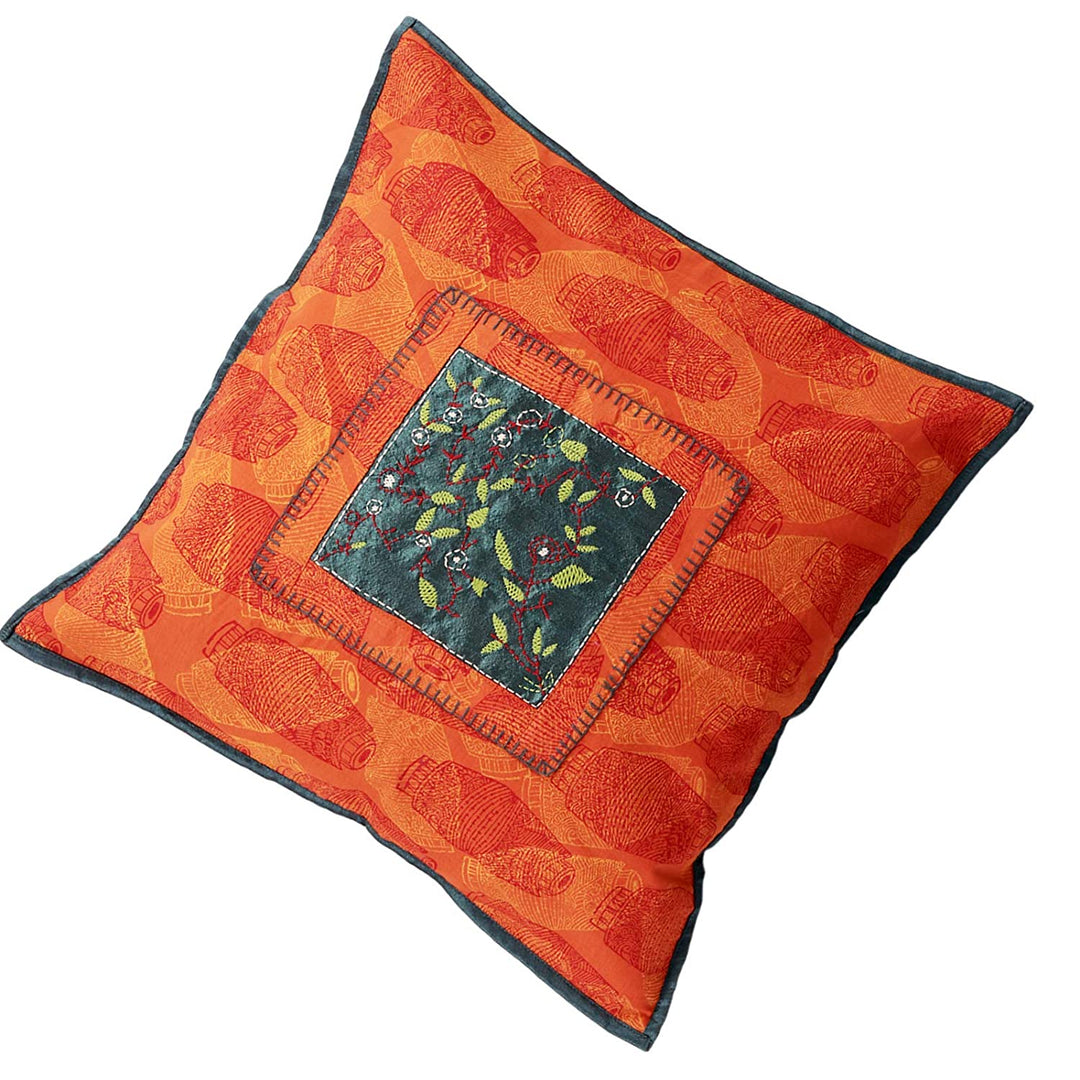 INDHA Cushion Cover Set with Block-printed Mridang Motifs and Leaf embroidery | Orange Colour Cotton Cushion Covers | 16.0X16.0 Inches | Block Printed Cushion Cover | Set of 2