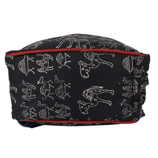 INDHA Kids Backpack Bag | Black Denim Kids Backpack Bag | Hand Block Printed White Camel Design Motif | Kids Bag | School Bag | Gifting | Handmade | Denim Bag | Bag For Kids