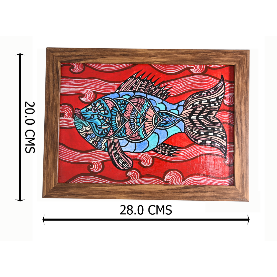 Indha Hand-Painted Boho Fish Wall Art | Upcycled Tablet Painting | Framed in Reclaimed Wood with Vegan Leather Back | Sustainable Acrylic Decor