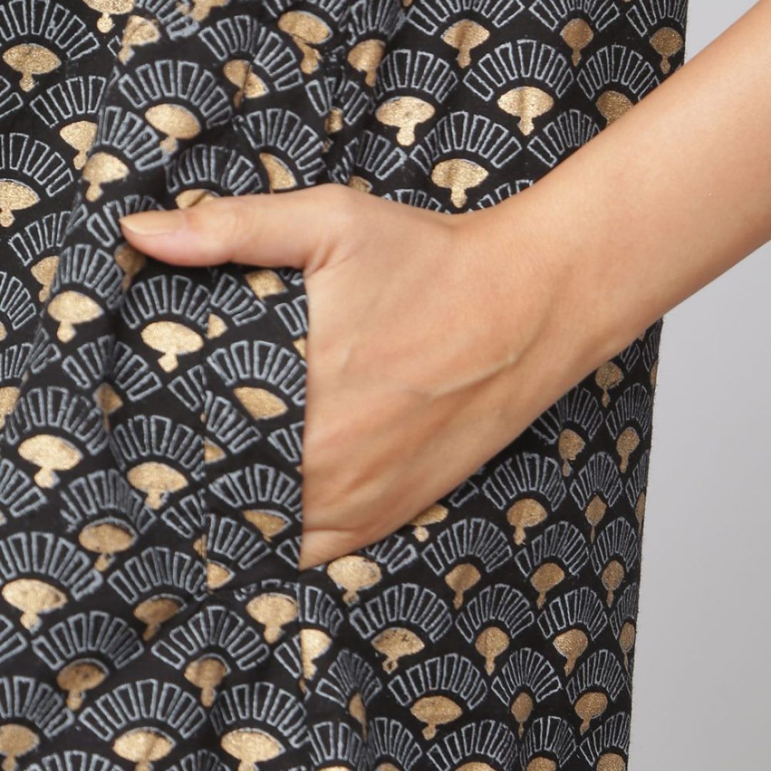 Ethnic A-Line Cotton Shrug |Women| Black |Gold  Booti Block printed Shrug