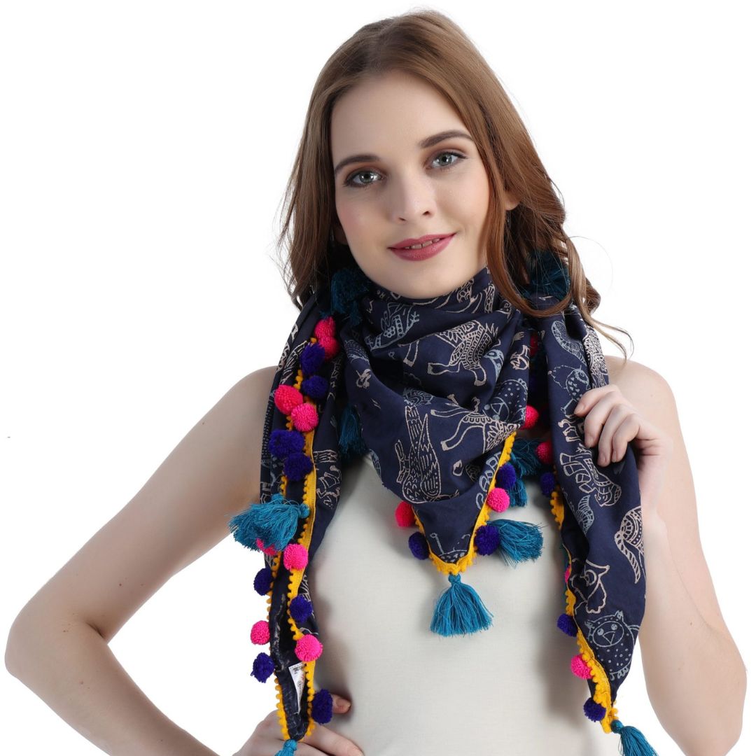 Animal Block Printed  Navy Blue Scarf for Girls & Woman
