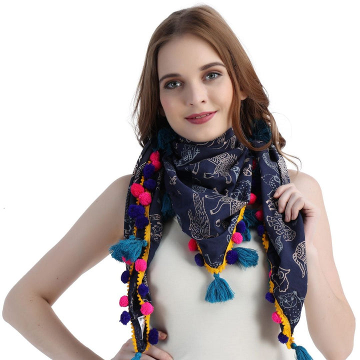 Animal Block Printed  Navy Blue Scarf for Girls & Woman