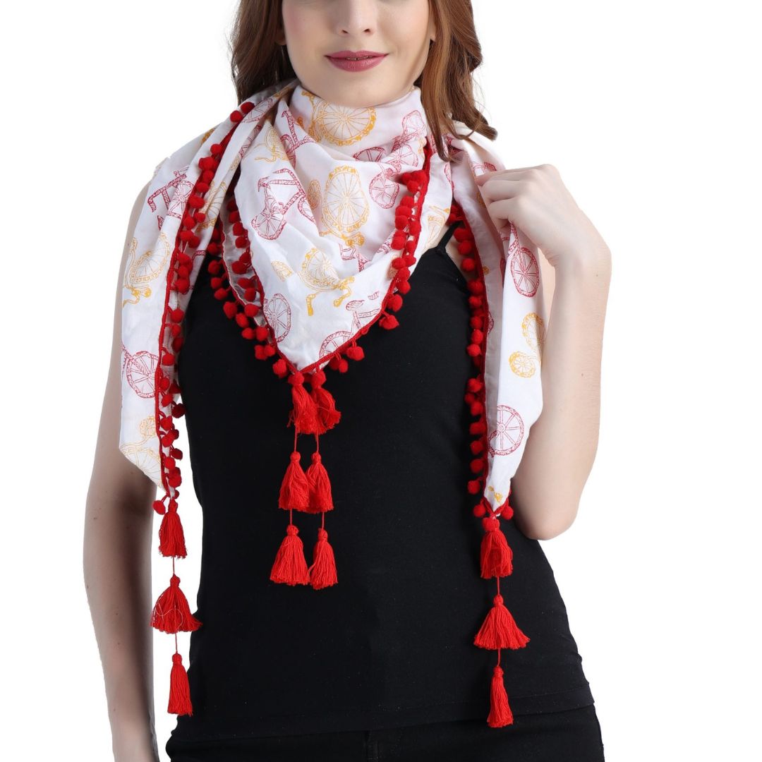 Indha Bicycle Block Printed white Scarf for Girls & Woman