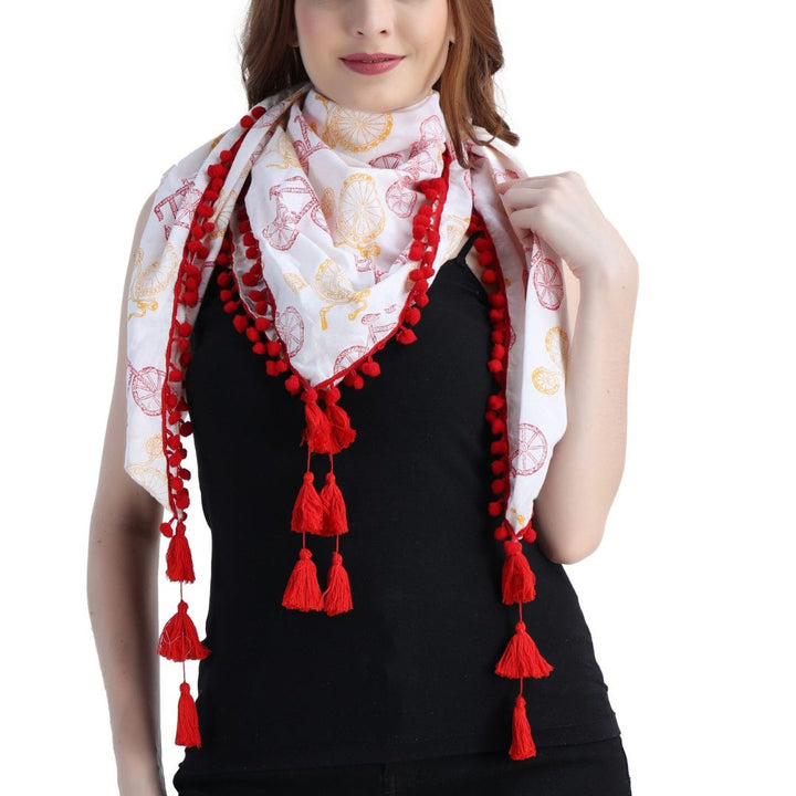 Indha Bicycle Block Printed white Scarf for Girls & Woman