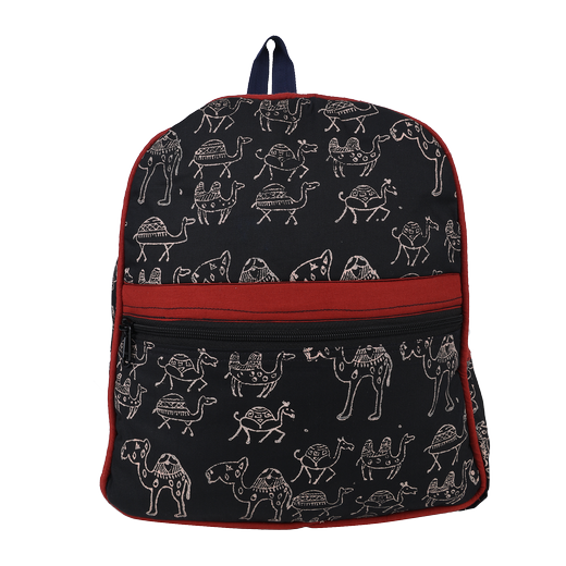 INDHA Kids Backpack Bag | Black Denim Kids Backpack Bag | Hand Block Printed White Camel Design Motif | Kids Bag | School Bag | Gifting | Handmade | Denim Bag | Bag For Kids