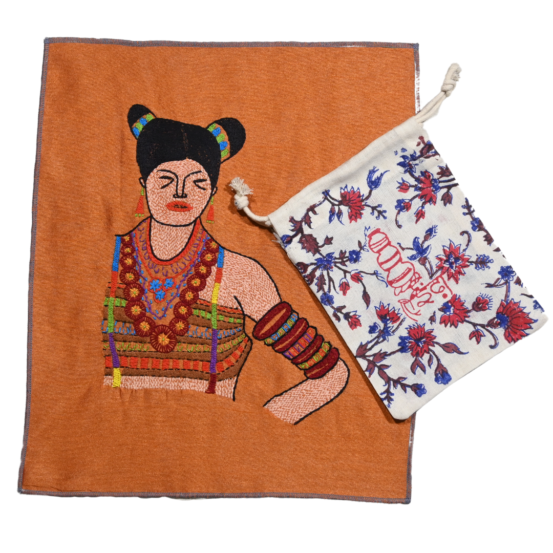 Indha Tribal Girl Hand Embroidery Panel – Bold Folk Motif on Dupion Silk | DIY Decor | Artisan Gift