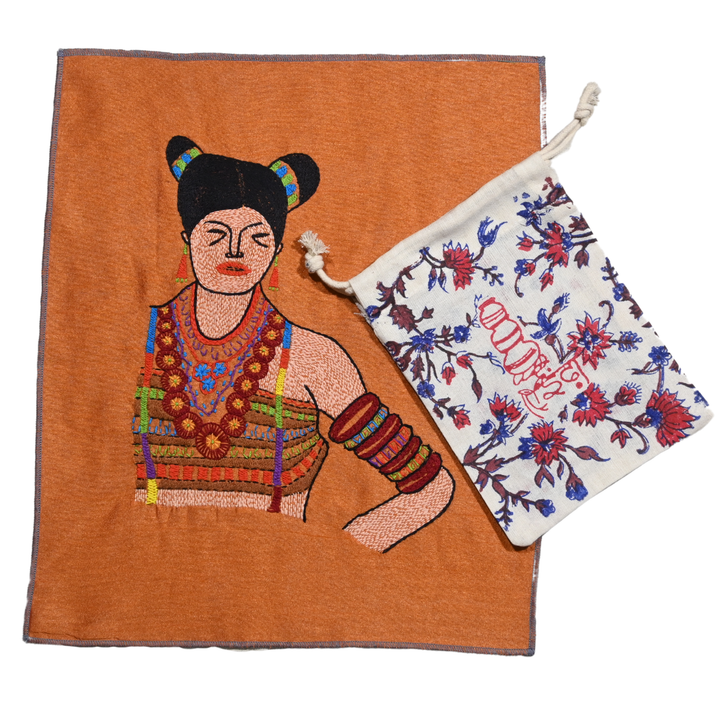 Indha Tribal Girl Hand Embroidery Panel – Bold Folk Motif on Dupion Silk | DIY Decor | Artisan Gift