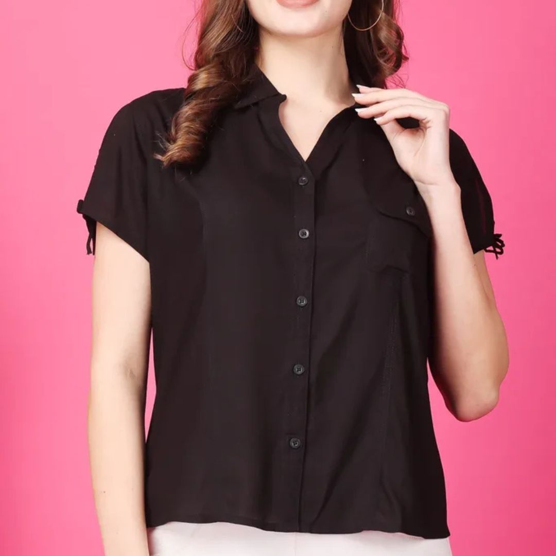 Indha Black Rayon Casual Shirt Collar 1/4th Sleeves Formal Wear Shirt For Women's-XL