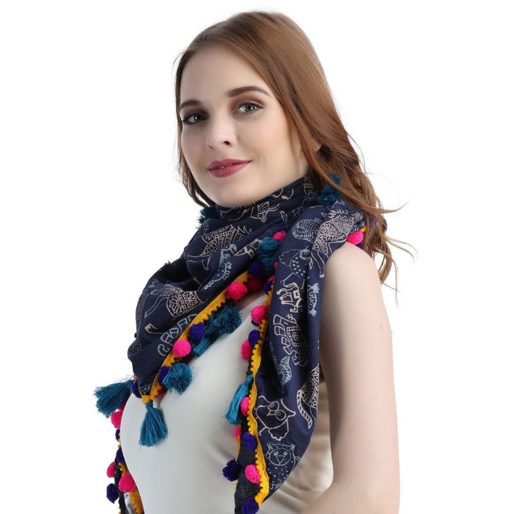 Animal Block Printed  Navy Blue Scarf for Girls & Woman