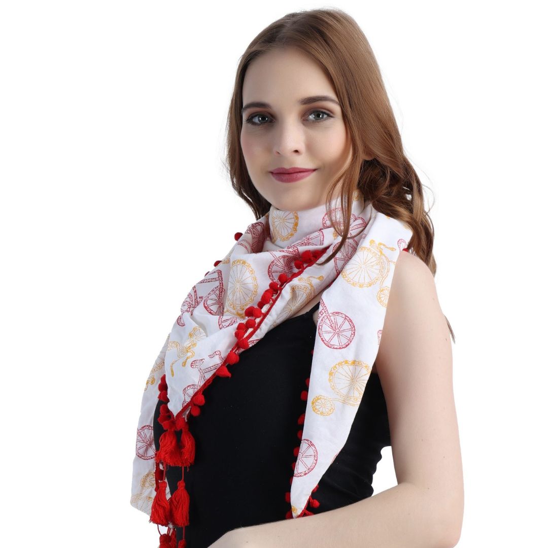 Indha Bicycle Block Printed white Scarf for Girls & Woman